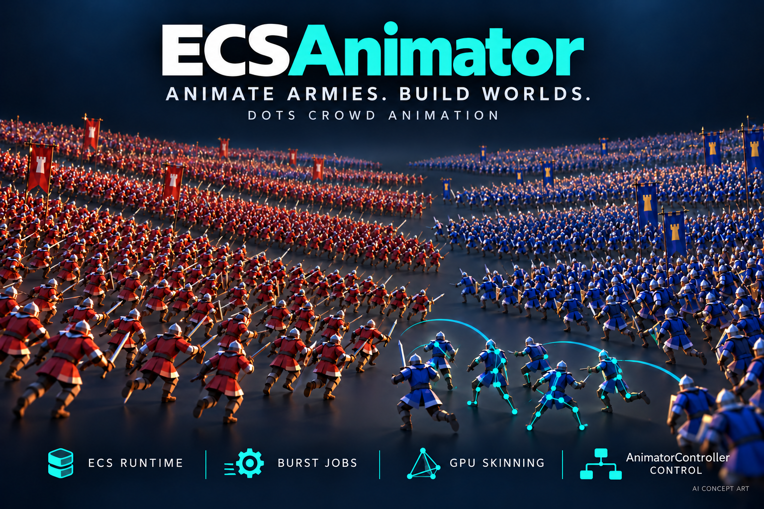 ECSAnimator promotional artwork showing red and blue armies with skeletal animation overlays